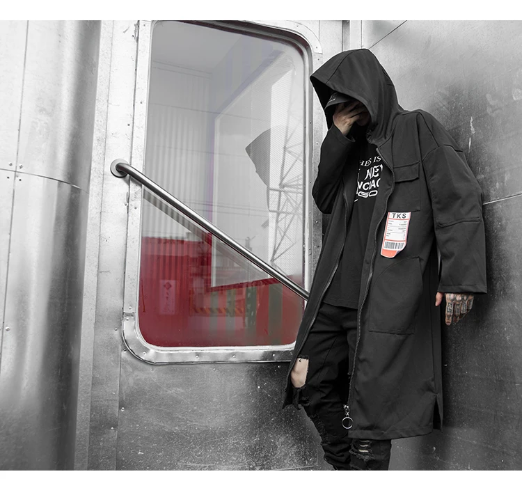 Черный длинный Тренч с капюшоном мужской свободный сценический костюм хип-поп пальто