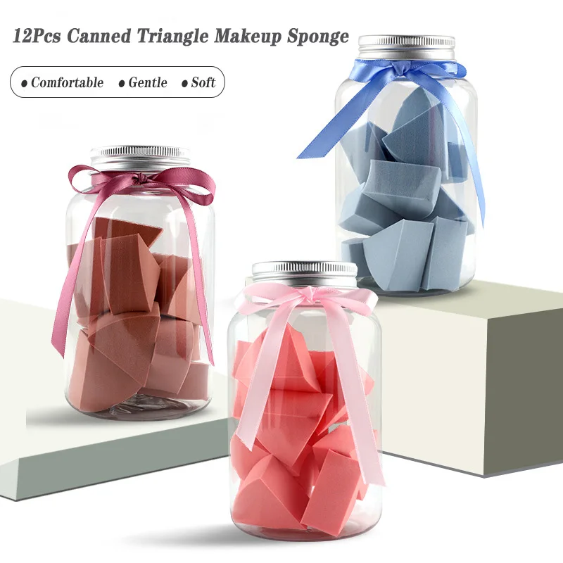 12 шт., консервированная гладкая Косметическая пуховка для сухого влажного использования, треугольная основа для макияжа, мягкая губка, инструменты для ухода за лицом