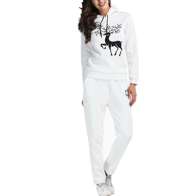 

CYSINCOS 2019 Autumn Winter Women's Suit Christmas Printing Solid Color Long Sleeve Loose Hooded Sweatshirt+Trousers 2pcs
