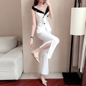 

Pants Two-piece Set Foreign Style Goddess Fan 2019 Summer Temperament Lady Wide Leg Pants Suit 1914
