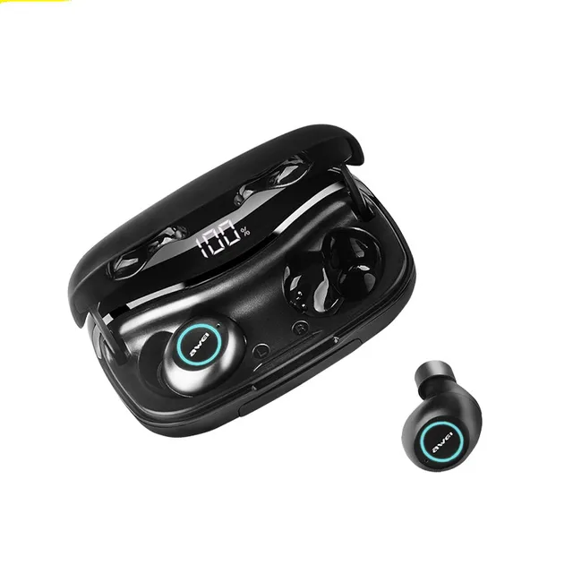 AWEI T19 TWS 5.0 2500mAh LED Display Super Bass Stereo Earbuds Noise Cancelling Waterproof IPX5 With Dual Mic For Gaming,Sport T19 Black