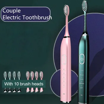 

2PC Couple Electric Toothbrush Rechargeable Waterproof Electric Toothbrush Automatic Tooth Brush with 10 Brush Heads