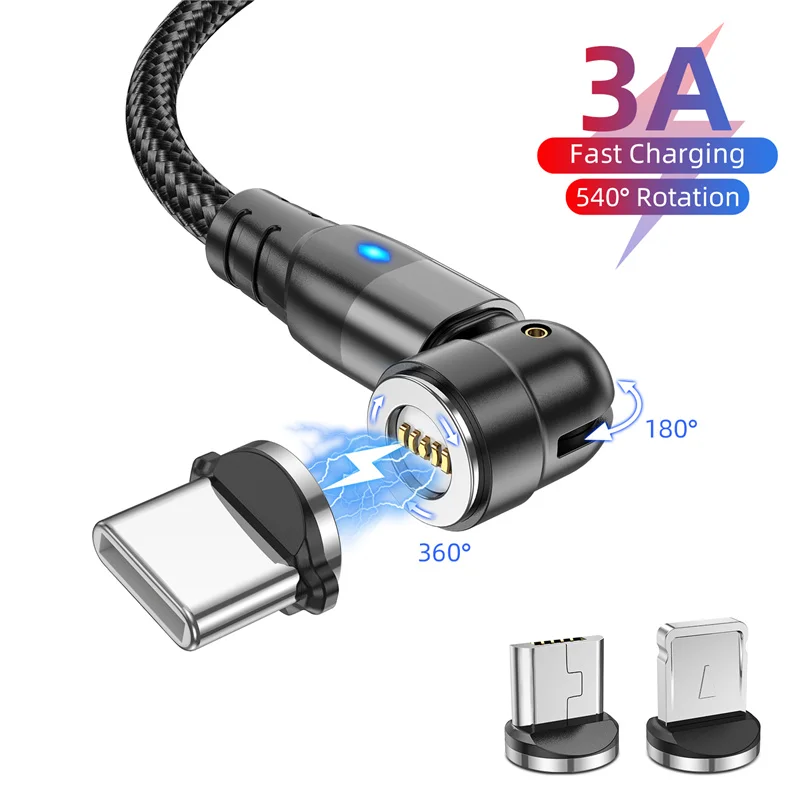 540 Rotate Magnetic Micro Type C Data Wire Cord 3A Fast Charging Cable For iPhone Samsung Magnet Charge USBC Nylon Phone Cable