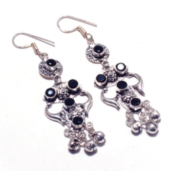 

Genuine Black Onyx Silver Overlay on Copper Earrings ,Hand made Women Jewelry Gift , E5452