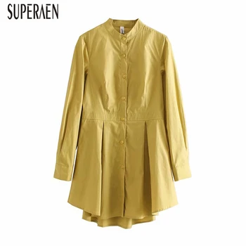

SuperArn Fashion Women Shirts 2020 Spring and Autumn New Ladies Blouses and Tops Stand Collar Long-sleeved Women Clothing