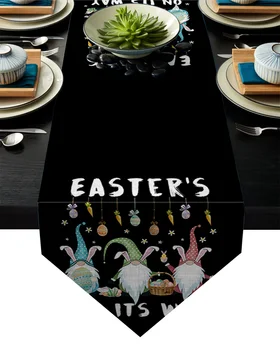 

Easter'S On Its Way Easter Egg Gnome Rabbit Black Table Runner Table Flag Home Party Decorative Tablecloth Table Runners