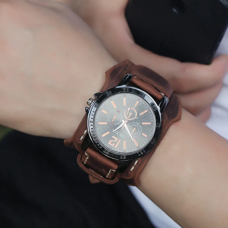 Cowhide Strap Watches Men Punk Style Retro Fashion Wide Leather Band Watch Black Big Dial Wristwatch Men Bangles,men automatic watches