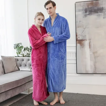 

Lovers Soft Flannel Full Nightgown Unisex Ankle-length Bath Gown Sleepwear Exquisite Zipper Home Wear Winter Keep Warm Robe Gown