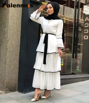 

Dubai Islam Muslim Sweet Cake Dress Women Flare Sleeve Lace-up Multi-layer Pleated Cupcake Dresses Ankle-length Islamic Clothing