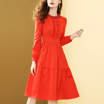 

Gedivoen Autumn Solid Red Knee-Length Dress Women Fashion Runway Patchwork Ruffles Elegant A Line Dress Party Dresses Vestidos