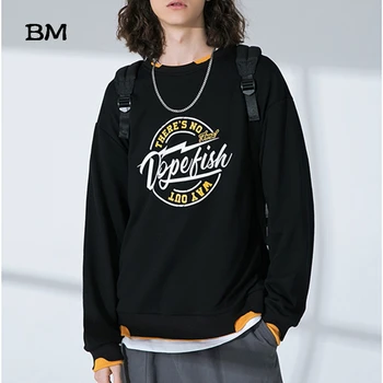 

Hip Hop Black Round Neck Hoodie Fake Two Piece Sweatshirts Men Streetwear Kpop Korean Style Clothes Fashions Coat Male