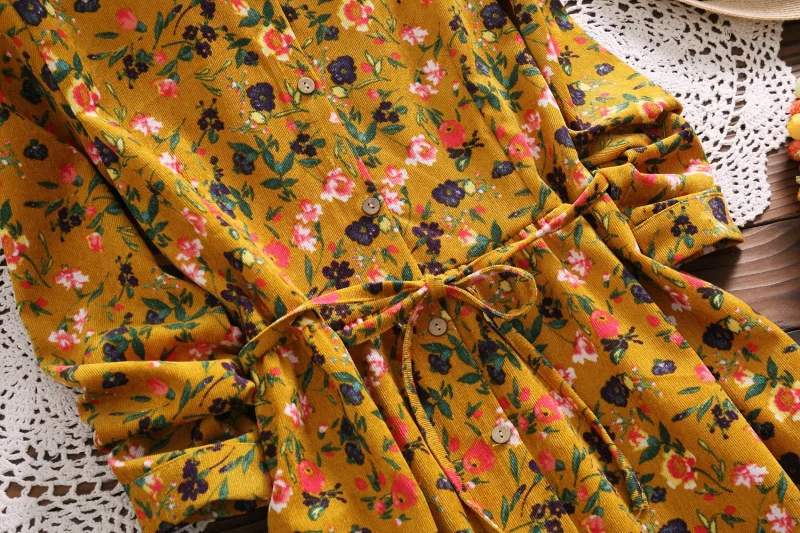 

Japanese-style Mori Girl Style 2019 Spring And Autumn Hipster Corduroy Floral Flower Printed Base Long-sleeved Dress