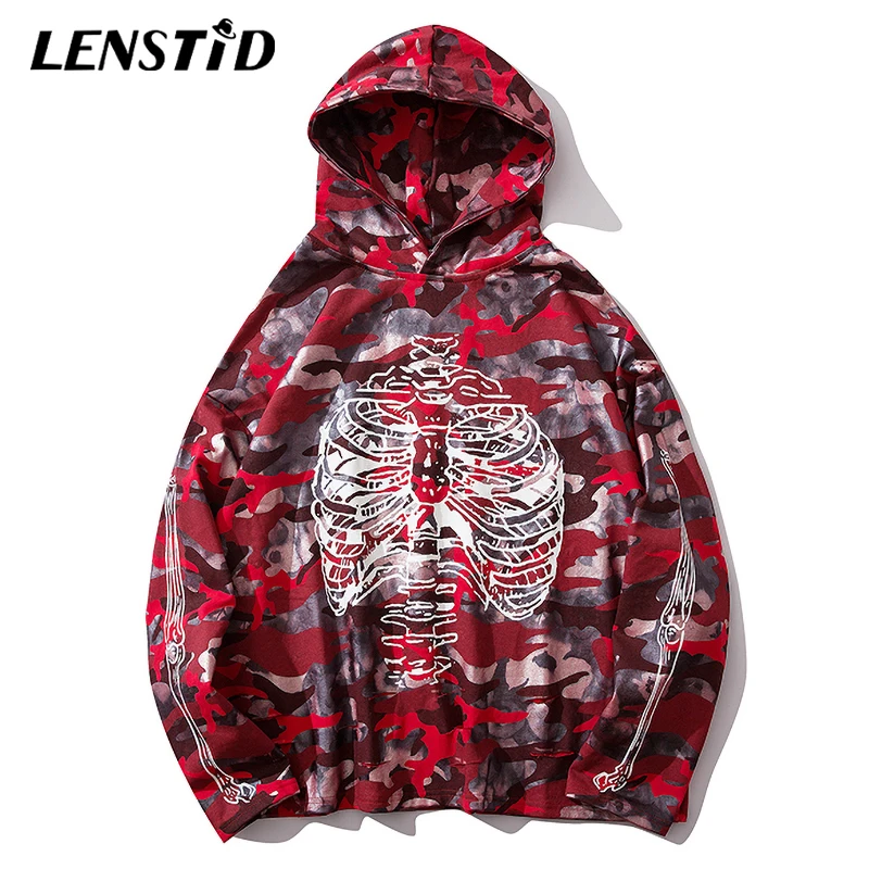 

LENSTID Destroyed Holes Hem Camo Camouflage Skull Print Hooded Sweatshirts Hoodies Men Hip Hop Punk Rock Casual Streetwear Tops