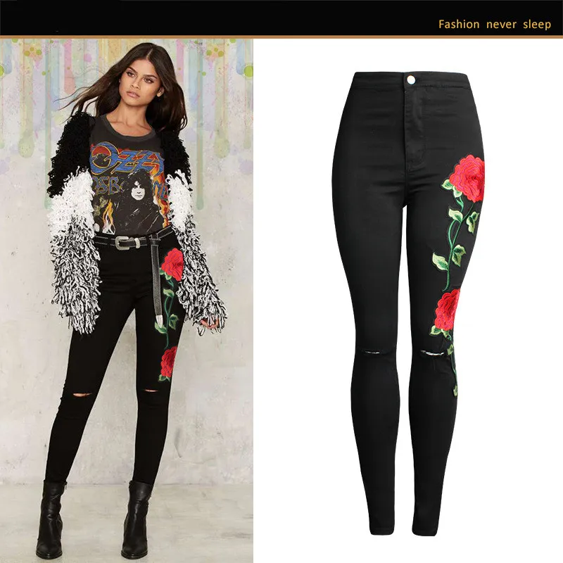 

Women's High-waist Black Jeans Female Black Denim Pants 3D Embroidered Pencil Pants Spring and Autumn Trousers Cotton Skinny