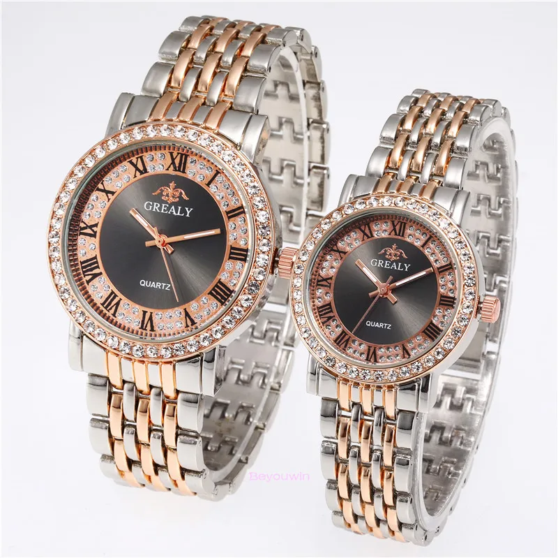 big two tone rose 100 шт/партия модные Хрустальные Часы для пары римские цифры Роскошные наручные часы из розового золота для влюбленных Мужские Женские наручные часы со стразами - Цвет: big two tone rose