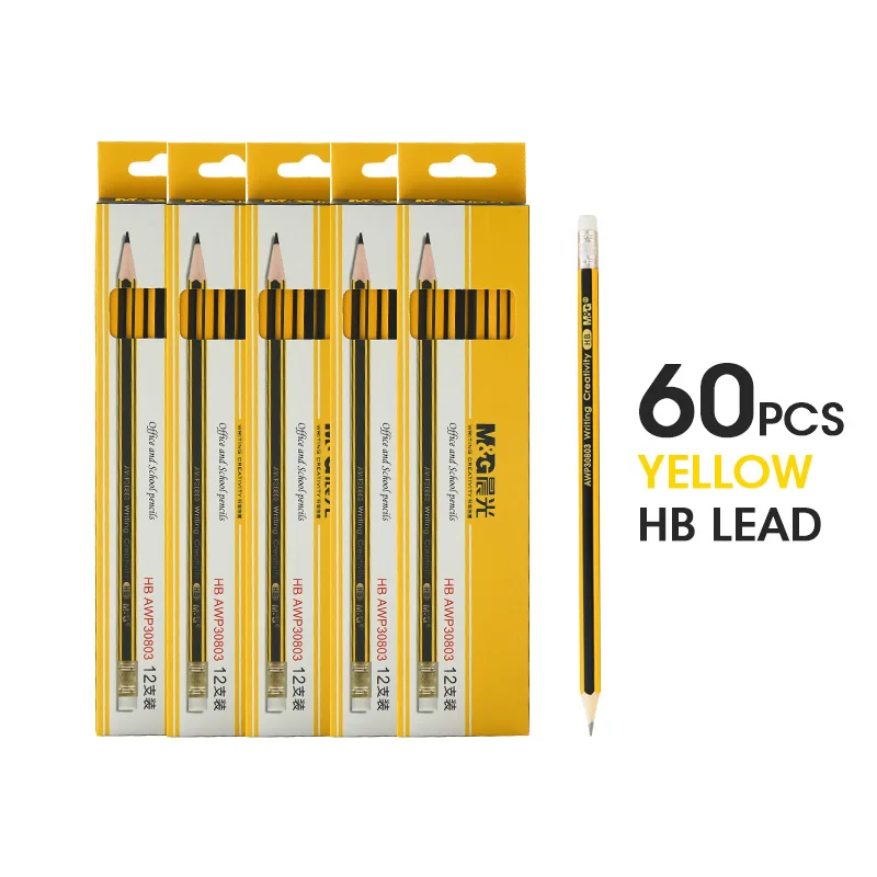 M& G шестиугольник предварительно заточенные HB школьные карандаши с ластиком ведущий деревянный карандаш деревянный графитный карандаш канцелярские принадлежности, школьные принадлежности, 120/48 кГц/24 предмета - Цвет: 60pcs Yellow Pencils