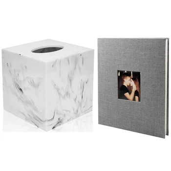 

Linen Cover Picture Album Self-Adhesive Film DIY Handmade Scrapbook with Square Tissue Box Cover (White)