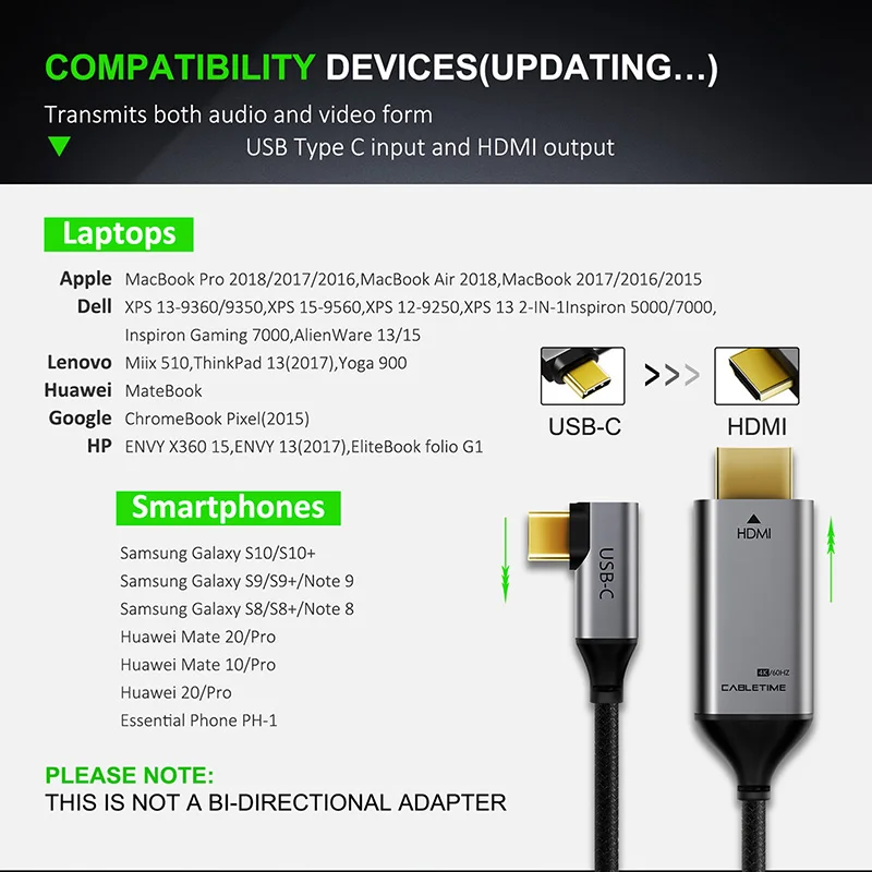 CABLETIME USB C HDMI Cable Type C to HDMI Thunderbolt 3 4K 60Hz for Huawei MacBook Samsung Galaxy S8+ Computer Laptop C030