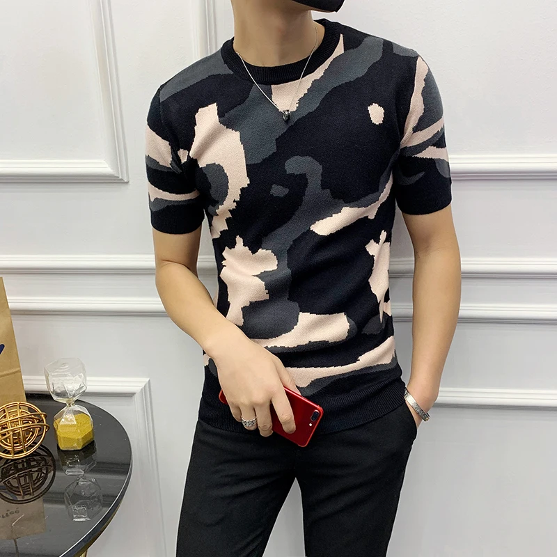 

Red Camouflage Sweaters Mens Short Sleeves Pullover Hombre Slim Fit Fashion Mens Clothing Summer Chompa Hombre 2020 Summer Dress