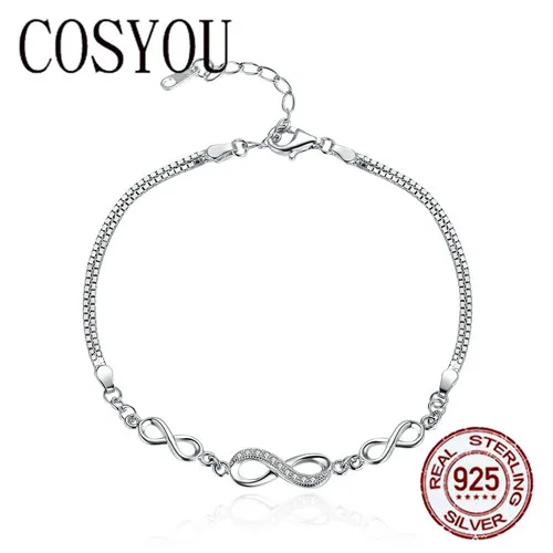 

COSYOU Authentic 925 Sterling Silver Endless Love Infinity Chain Link Adjustable Women Bracelet Luxury Silver Jewelry SCB037