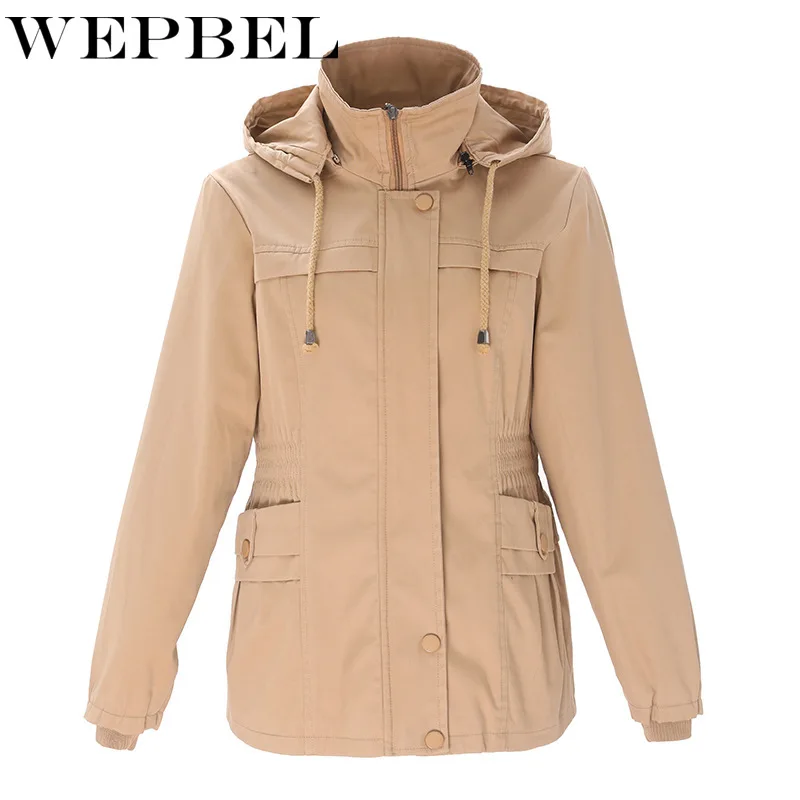 

WEPBEL Autumn Winter Solid Color Button Pocket Slim-Fit Trench Women's Casual Long Sleeve Zipper Turn-down Collar Hooded Coat