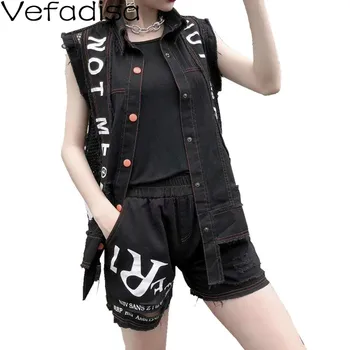 

Vefadisa Letter Print Denim Set Women 2020 Summer Mesh Patchwork Denim Vest Elastic Waist Denim Shorts 2 Piece Set Black QYF2522