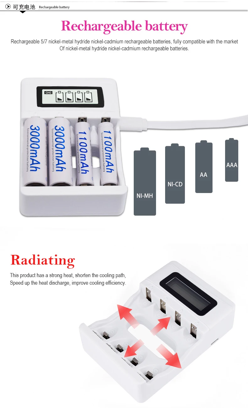 4 шт. AA 3000mAh перезаряжаемая батарея AA 1,2 V NI-MH NIMH NI MH Высокая емкость тока+ интеллектуальное USB быстрая зарядка ЖК-зарядное устройство