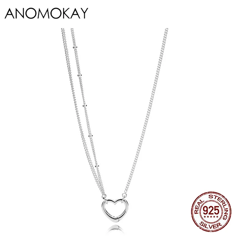 

Genuine 925 Sterling Silver Double Layers Chain Heart Pendant Necklaces for Women Girl Fashion S925 Silver Necklace Gift Xmas