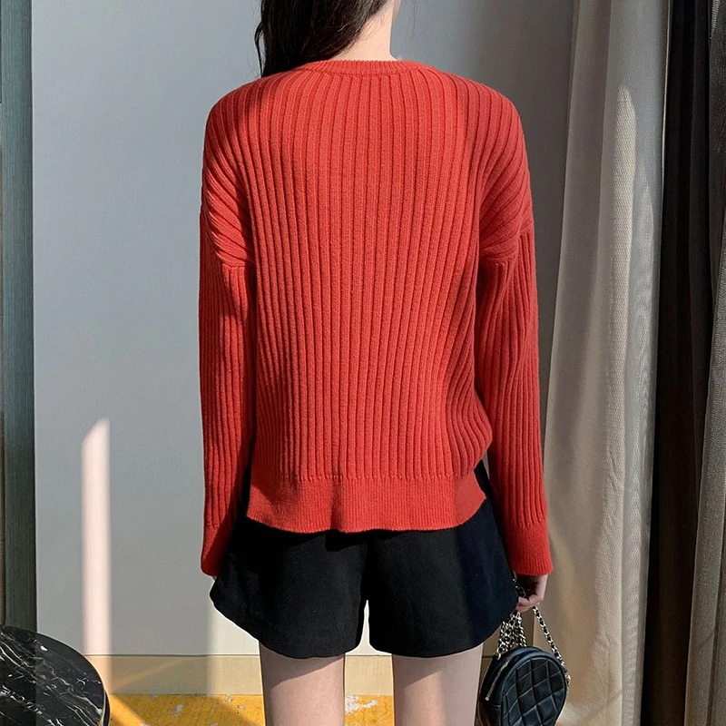 TWOTWINSTYLE Casual Red Striped Knitting Sweaters For Women O Neck Long Sleeve Autumn Pullovers Female Fashion Clothing New