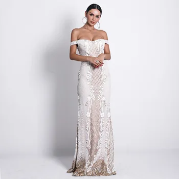 

White Summer Stylish Elegant Sequin Design Sexy Slash-Neck Sleeveless Celebrity Club Wear Women Long Dress