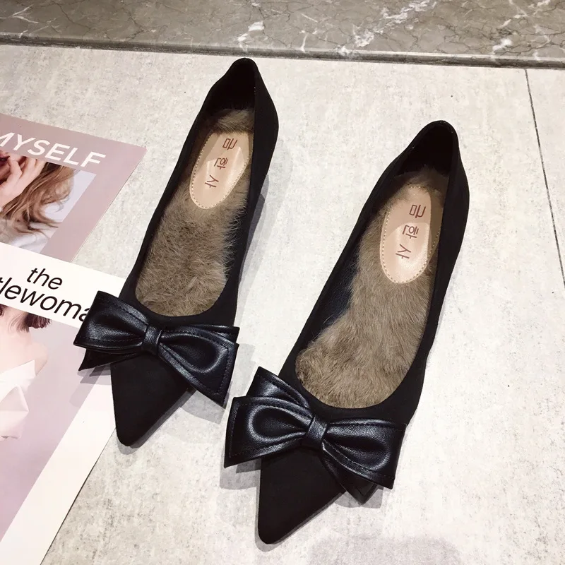 

New sweet warm Boots pump New fur Velvet Warm High Heels Ladies Shoes Woman Stiletto 3cm Bow Pointed Wild Autumn Winter