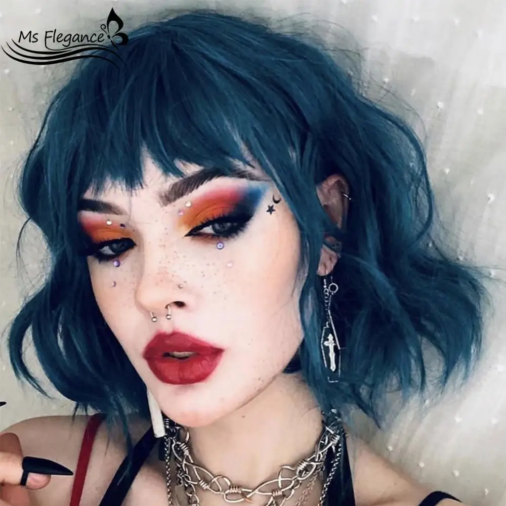 Женский зеленый короткий волнистый парик MS с челкой Искусственные парики для