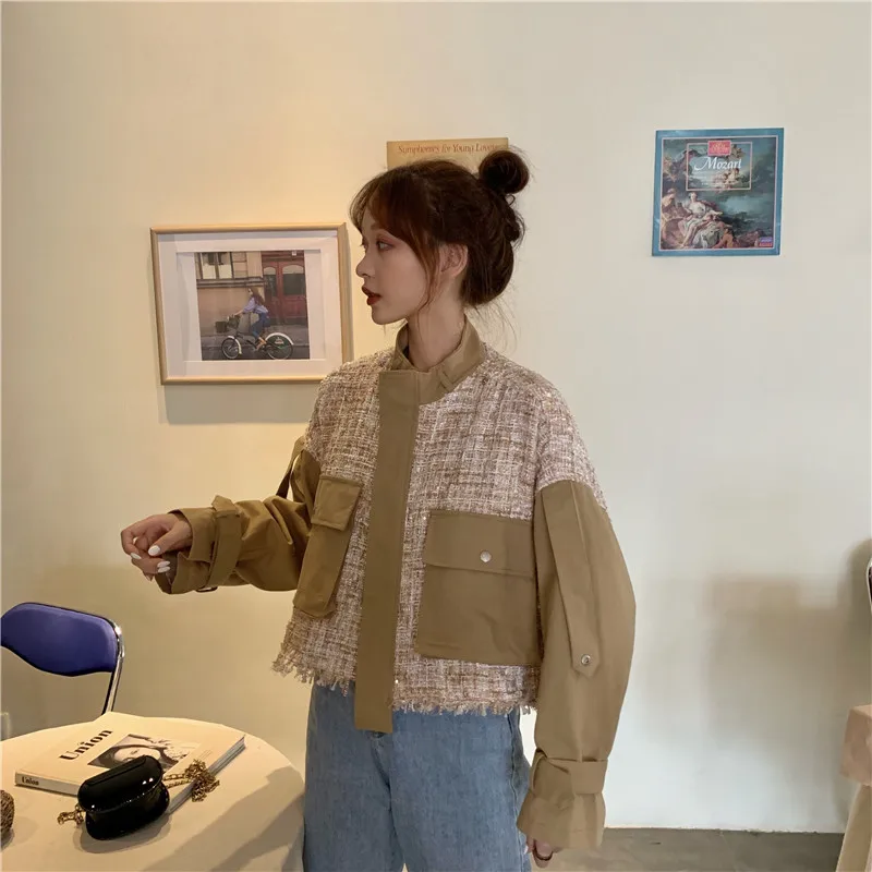 Лоскутный контрастный карман на молнии твидовый клетчатый короткий топ для женщин Свободная короткая куртка Сексуальная Корейская женская куртка модная тонкая куртка-бомбер