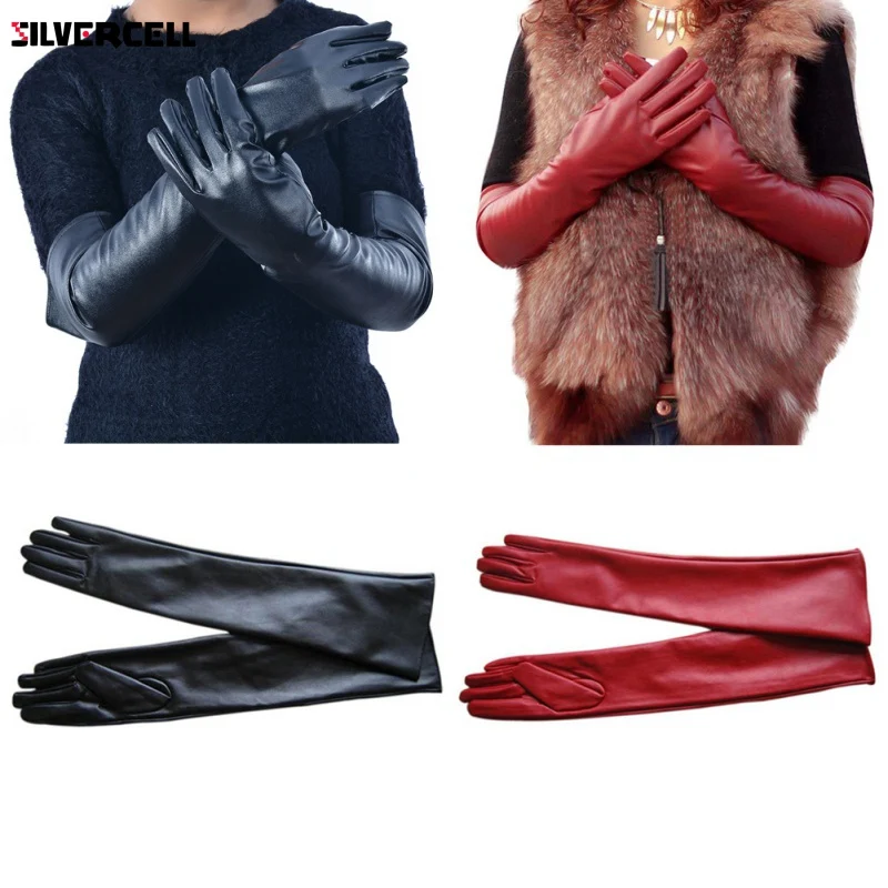 Women PU Faux Leather Elbow Gloves Winter Long Gloves Warm Lined Finger Gloves M-XL