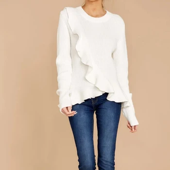 

Autumn Winter Women Sweater White Round Neck Solid Color Pullover Long Sleeve Cross Ruffled Jumpers Pull 3XL