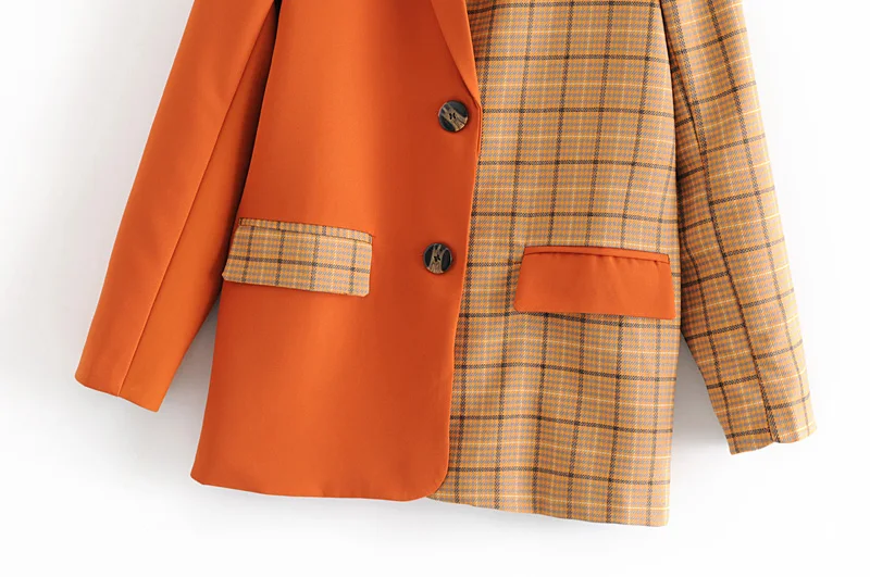 Женский оранжевый пиджак в клетку с лоскутами, деловой блейзер с карманами, модный Женский блейзер, дизайнерская рабочая одежда, верхняя одежда в стиле пэчворк
