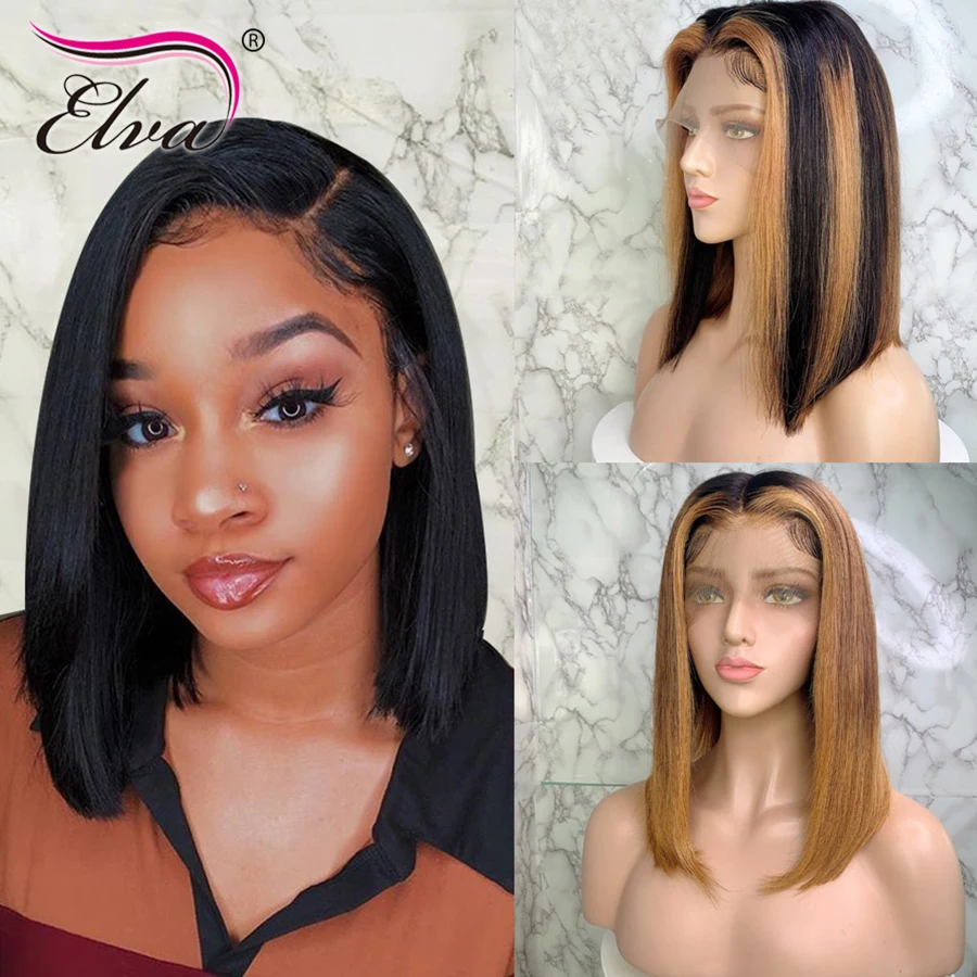 Buy Elva Hair Ombre 13x6 Lace Front Human Hair Wigs Straight 3T Blonde Highlights Color Extra Pro.Ratio 150% Remy Short Bob Wig