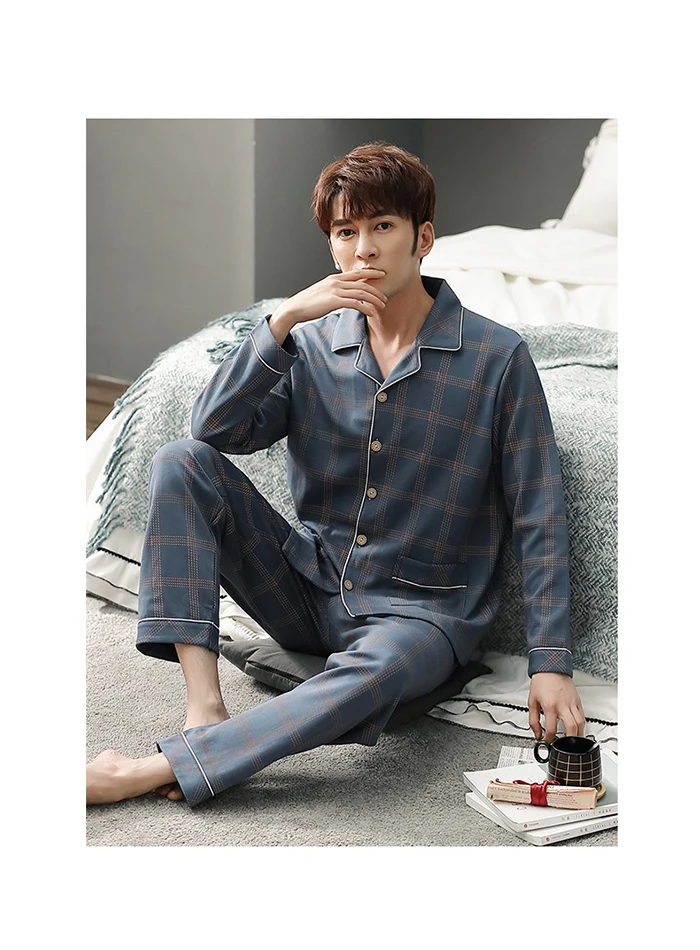 mens designer pjs Spring Autumn Pajama Sets Suit Knitted Cotton Casual Long Sleeve Sleepwear Plaid Home Wear Plus Size Comfortable Pajamas For Men mens cotton pajama sets