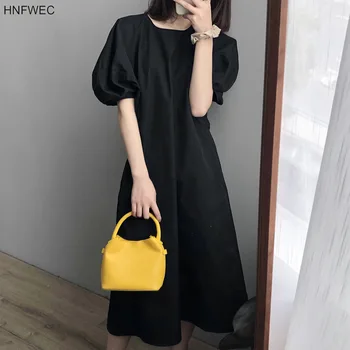 

2020 Summer New O Neck Puff Sleeve Plus Size Yellow Dress Women Elegant Long Robe Minimalism Straight Casaul Dresses T239
