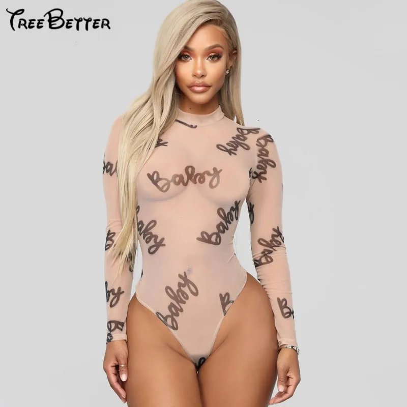 

Transparent Mesh Bodysuit Bodyson Sexy Jumpsuits Slim Long Sleeve Women TOps Letter Print Fashion Body Clothes Feminist Summer