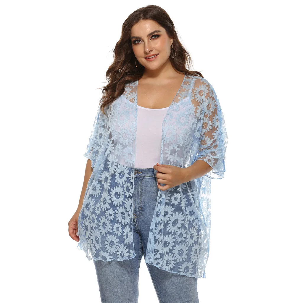 

Fashion Summer Women Plus Size XL-4XL Floral Print Beach Dress Cardigan Casual Kimono Perspective Swimwear Beach Cover Up Mujer