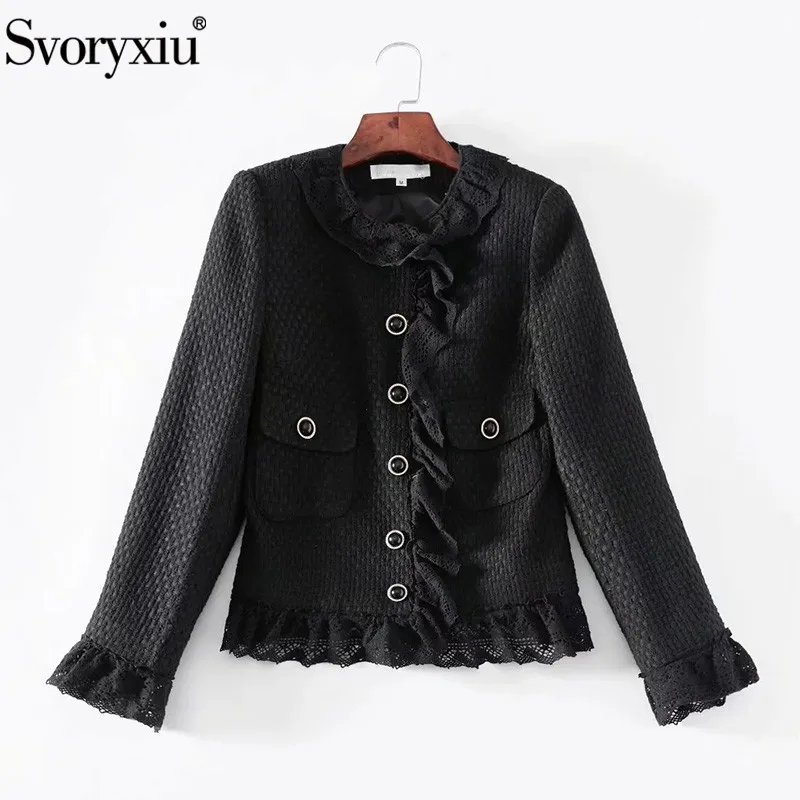 

Svoryxiu Runway Designer Autumn Winter Tweed Black Jackets Outerwear Women's Fashion Office Lady Single-Breasted Ruffles Coat