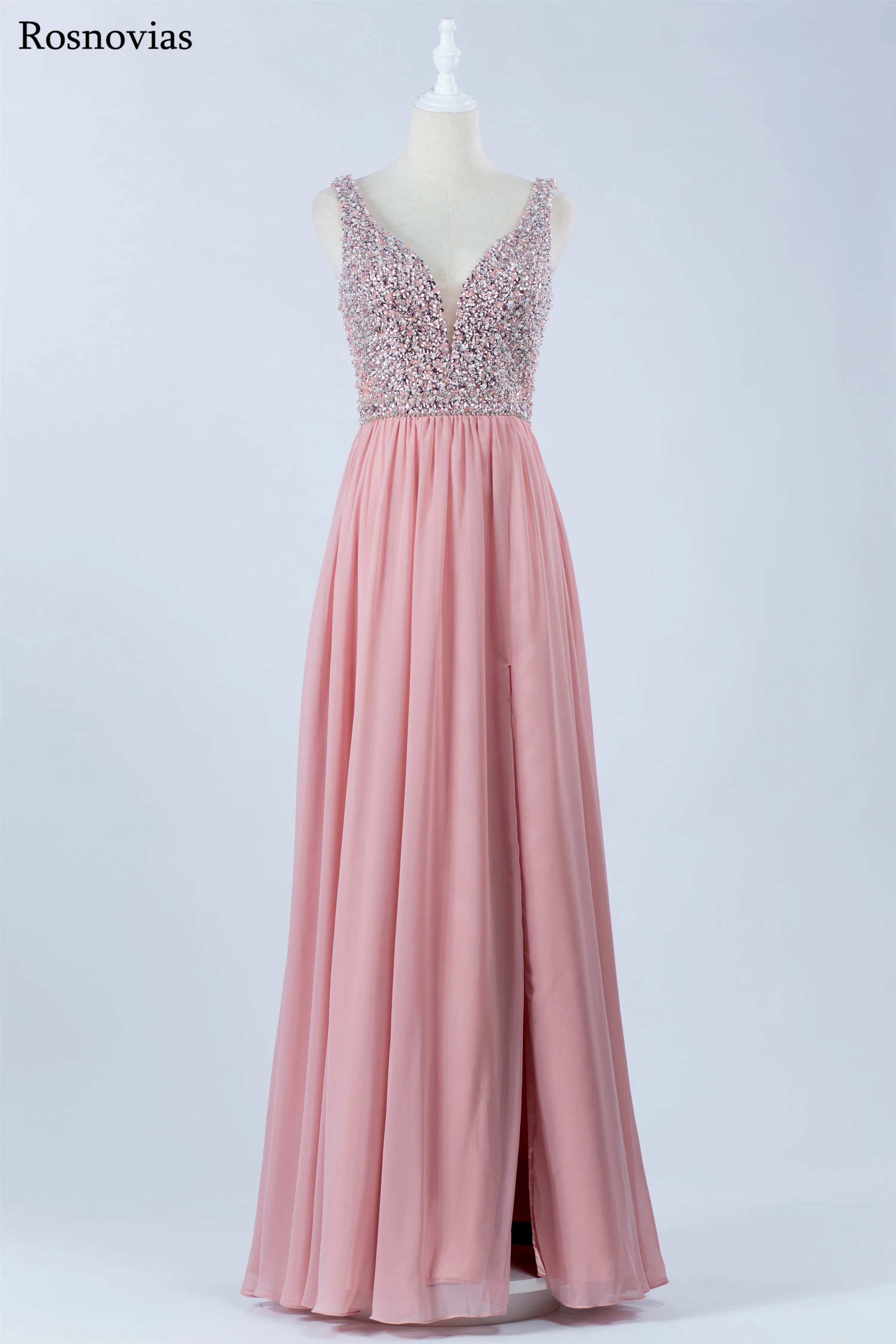 

Blush Pink Side Split Prom Dresses Deep V Neck Backless Beaded Formal Evening Party Gowns Vestido De Fiesta 2020 Customized