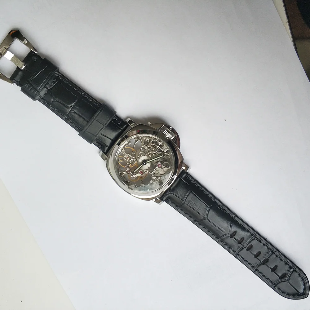 Мужские часы parnis, 44 мм, модные мужские часы, серебристый чехол из нержавеющей стали, стерильный циферблат, кожаный ремешок, мужские часы P
