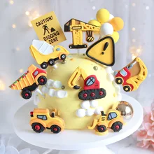 Cartoon Construction Party Cake Decoration Happy Birthday Cake Topper Excavator Crane Resin Cake Toppers for Kid`s Birthday Gift