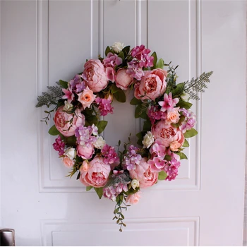 

40cm Rose Pink Peony Garland Door Decoration Hanging Mural Fake Flower Wreath Wedding Photography Props Home Decoration Wreath