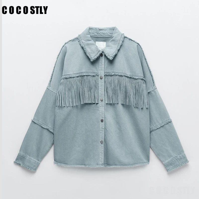 2021 Spring Autumn Frayed With Fringe Denim Jacket Women Vintage Long Sleeve Jeans Coat Female Tassel Outerwear Chic Tops