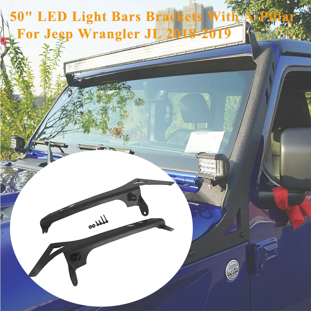 

50" 2 in 1 Upper Windshield LED Light Bars Brackets With A-Pillar Holder Mount Kits for Jeep Wrangler JL 2018-2019