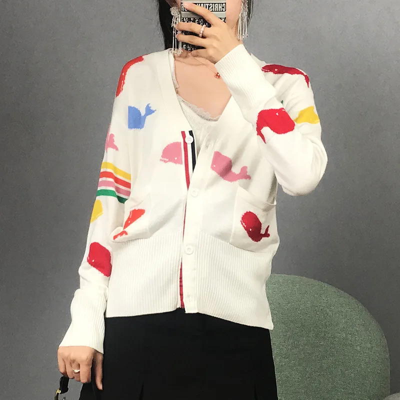 Best Price New color small whale knitting thin double pocket cardigan small coat top women fresh and lovely