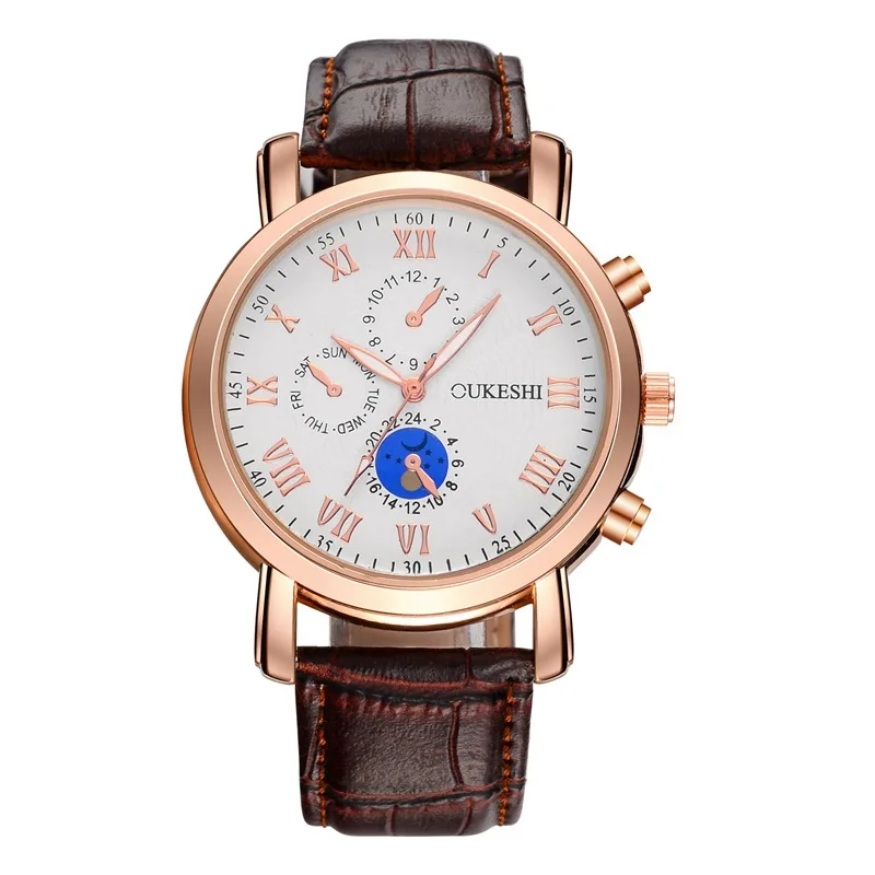 

Oukeshi Fashion Three Eye CD Pattern Simple MEN'S Watch Rose Gold MEN'S Watch Belt Watch Currently Available Wholesale